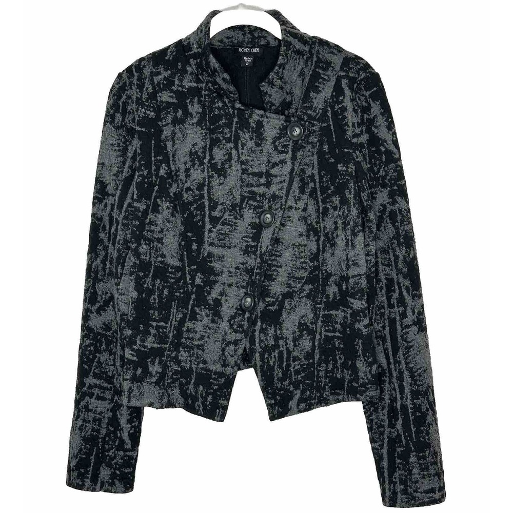 RONEN CHEN Gray Black Textured Asymmetrical Button Knit Jacket Sz 2 Medium - Picture 1 of 9